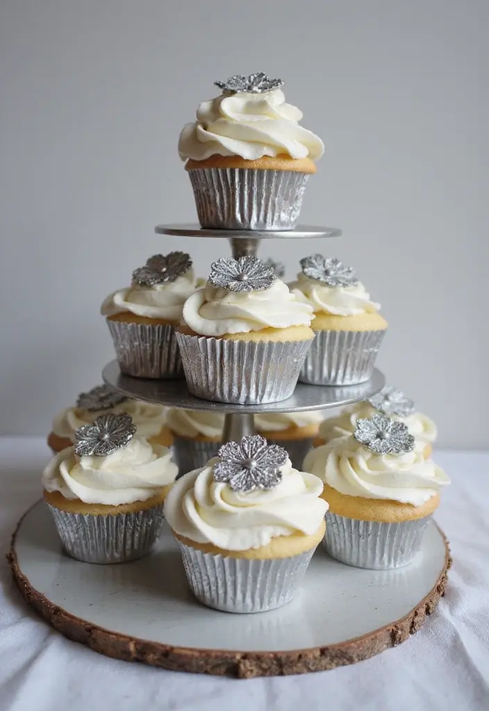25+ 25th Anniversary Cake Ideas for a Silver Celebration - 13. Elegant Silver Cupcake Tower