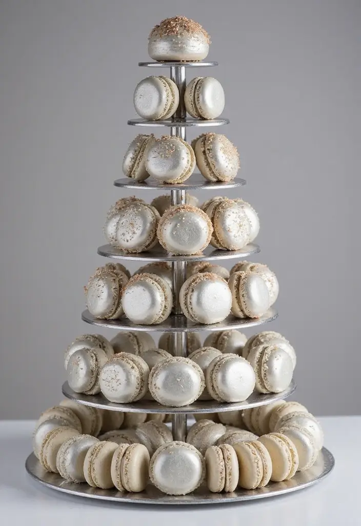 25+ 25th Anniversary Cake Ideas for a Silver Celebration - 15. Silver Macaron Tower