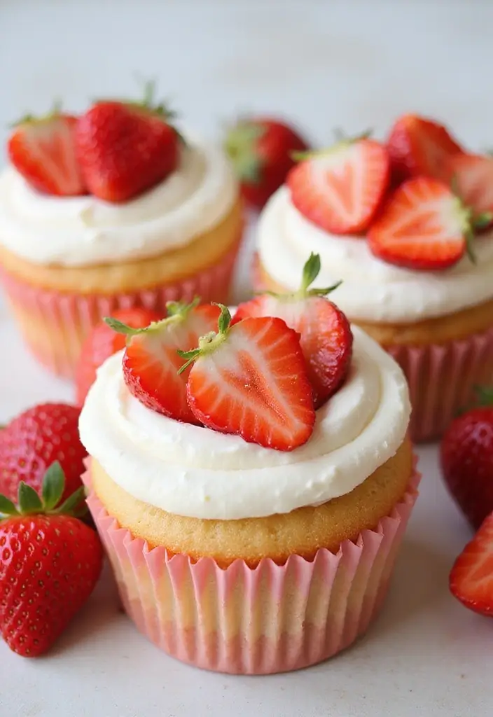 25+ Adorable Bridal Shower Cupcake Ideas Too Cute to Eat - 19. Strawberry Shortcake Cupcakes
