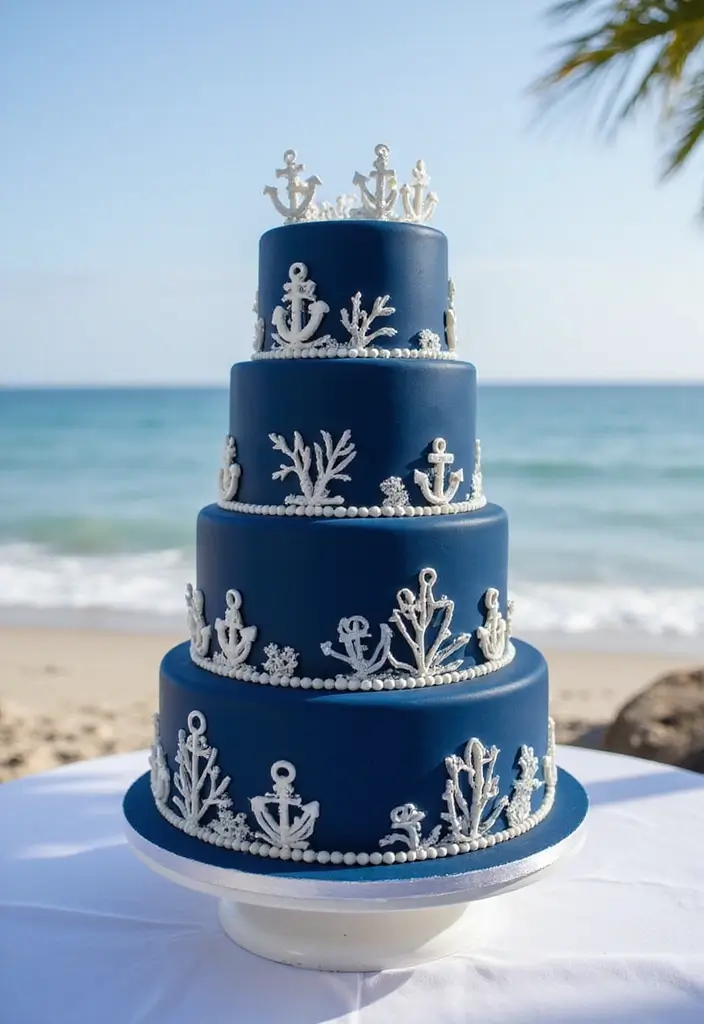 25+ Beach Cake Ideas for a Tropical Wedding Celebration - 20. Nautical Navy