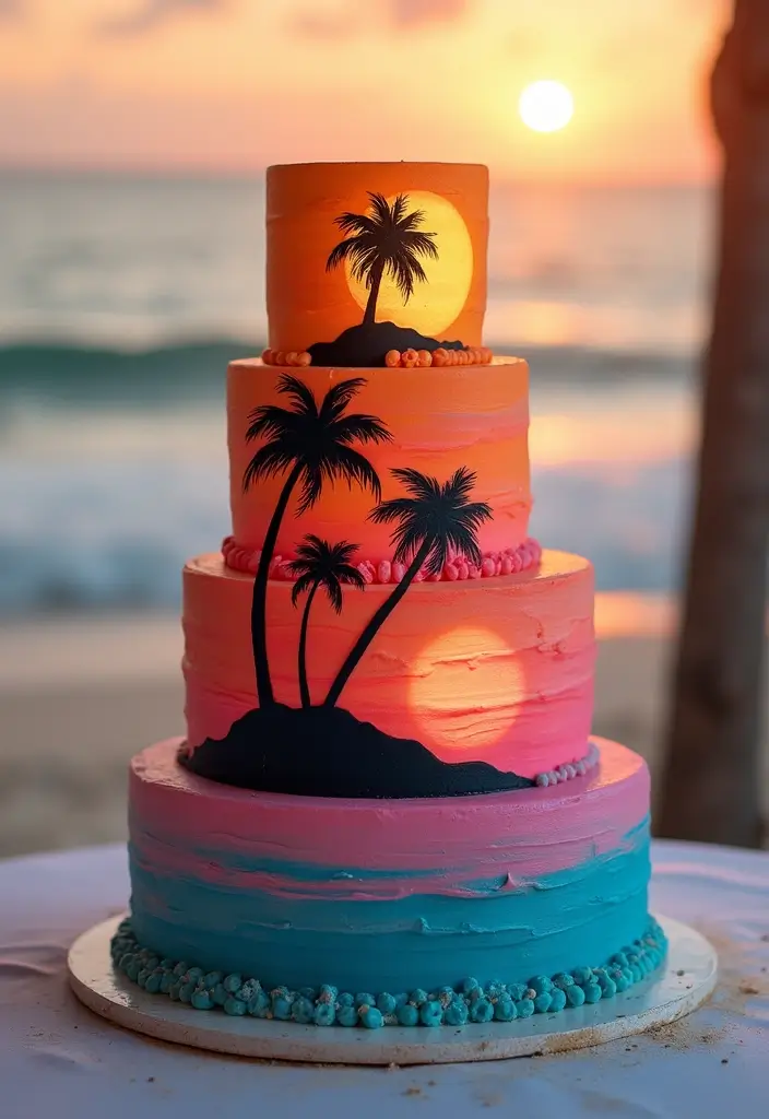 25+ Beach Cake Ideas for a Tropical Wedding Celebration - 22. Sunset Silhouette
