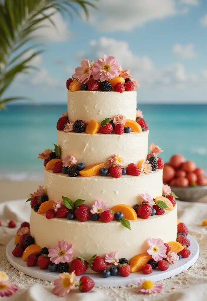 25+ Beach Cake Ideas for a Tropical Wedding Celebration - 23. Layered Fruits and Flowers