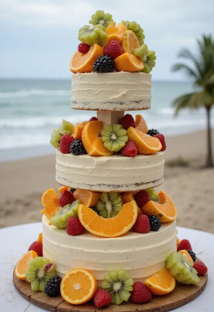 25+ Beach Cake Ideas for a Tropical Wedding Celebration - 25. Tropical Fruit Tower