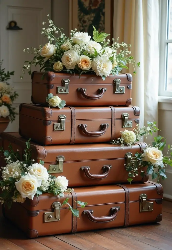 25+ Gorgeous Bridal Shower Backdrop Ideas for Stunning Photos - 18. Vintage Suitcase Display