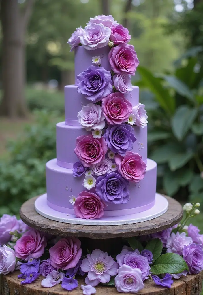 25+ Purple Wedding Cake Ideas That Are Royal and Romantic - 11. Purple Floral Cascade Cake