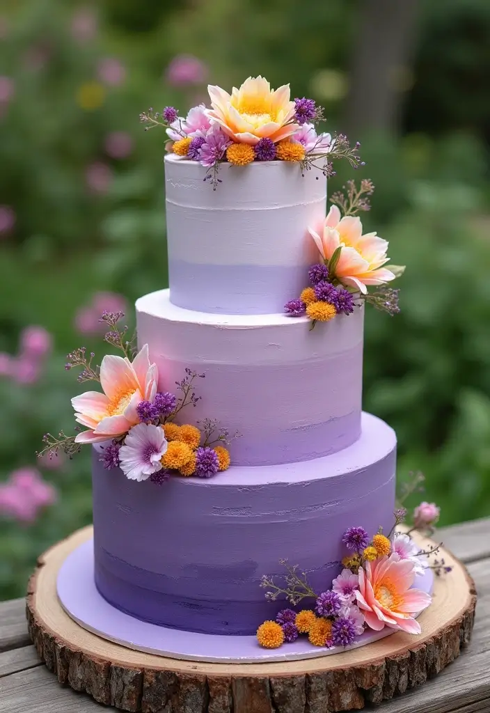 25+ Purple Wedding Cake Ideas That Are Royal and Romantic - 18. Floral Ombre Cake