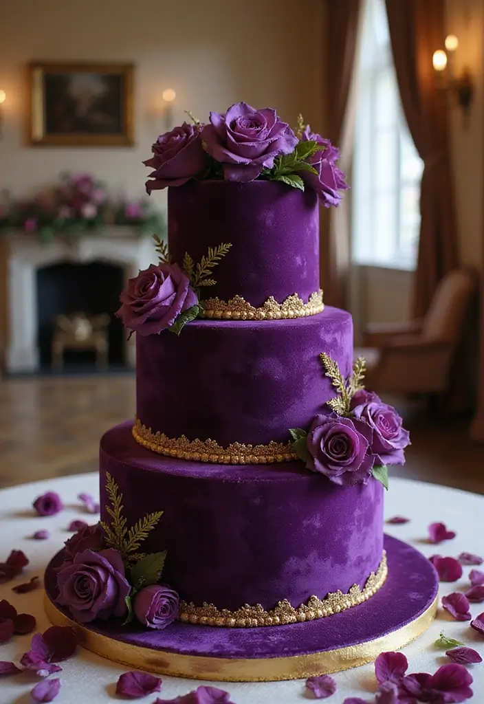25+ Purple Wedding Cake Ideas That Are Royal and Romantic - 19. Velvet and Gold Layer Cake