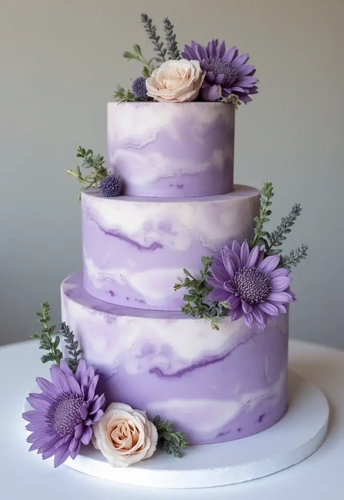 25+ Purple Wedding Cake Ideas That Are Royal and Romantic - 23. Marbled Lavender Cake