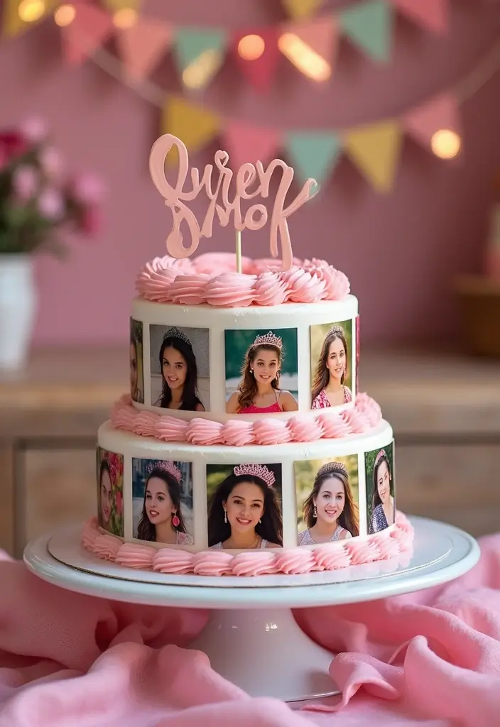 25+ Quince Cake Ideas for a Glamorous Sweet 15 Party 120 25+ Quince Cake Ideas for a Glamorous Sweet 15 Party - 20. Personalized Photo Cake