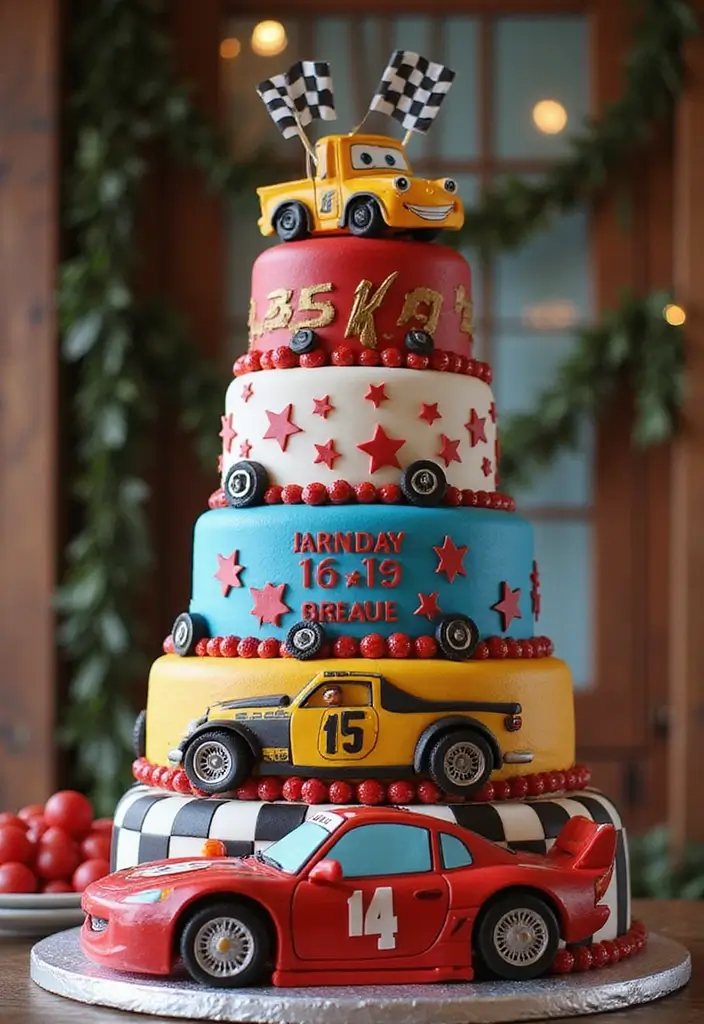 25+ Race Car Birthday Cake Ideas for Speed Lovers - 11. Race Car Tiered Cake