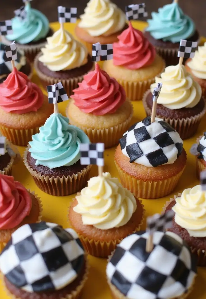 25+ Race Car Birthday Cake Ideas for Speed Lovers - 6. Checkered Flag Cupcakes
