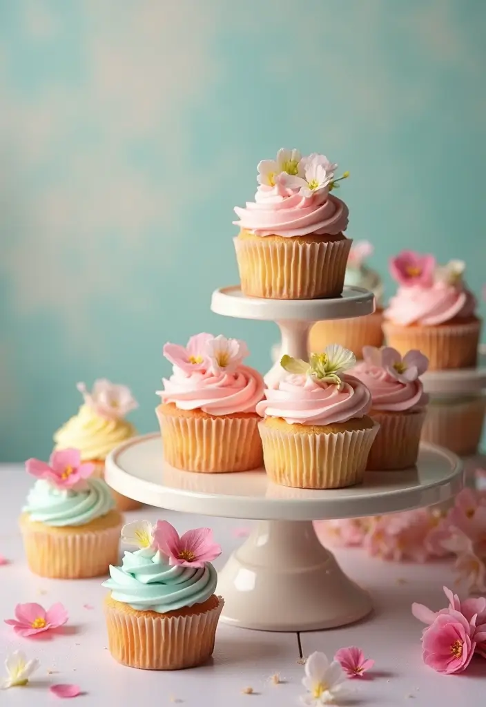 25+ Spring Wedding Cake Ideas Blooming with Fresh Florals - 7. Edible Flower Cupcake Towers
