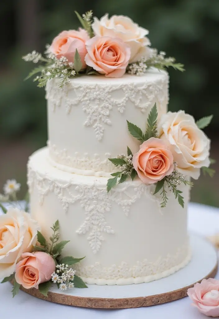 25+ Two-Tier Wedding Cake Ideas That Are Small Yet Stunning - 4. Vintage Floral Accents