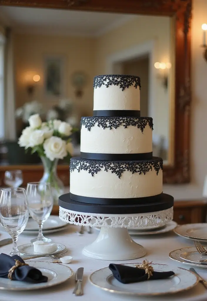 30 Black & White Bridal Shower Ideas for a Timeless Chic Look - 11. Elegant Cake Table