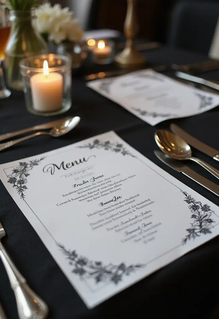 30 Black & White Bridal Shower Ideas for a Timeless Chic Look - 19. Chic Menu Cards
