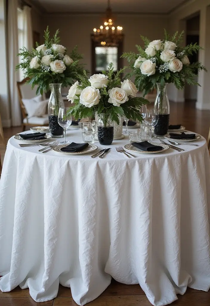 30 Black & White Bridal Shower Ideas for a Timeless Chic Look - 27. Creative Table Skirting