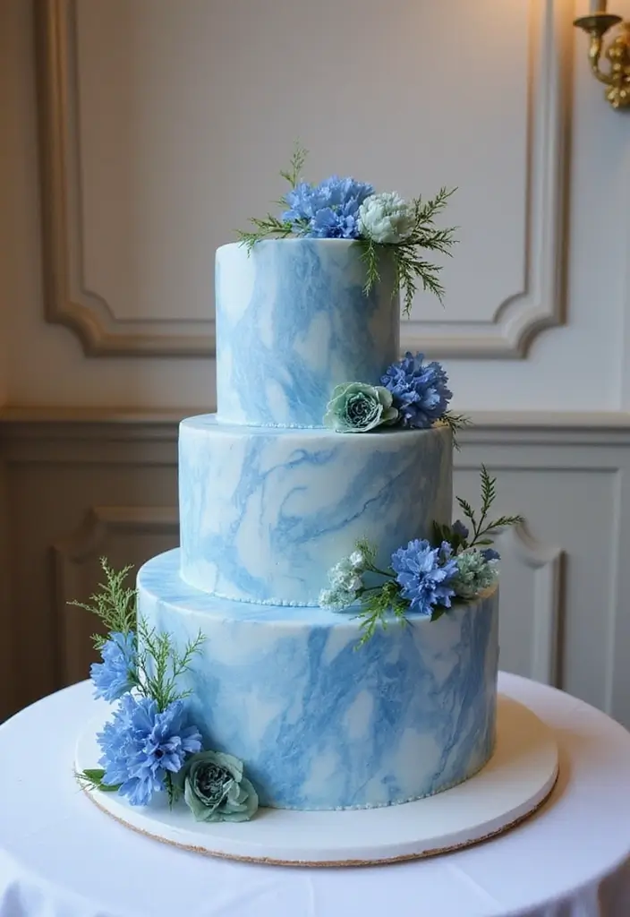 30 Blue Wedding Cake Ideas for a Cool Modern Touch - 14. Blue Marble Ganache