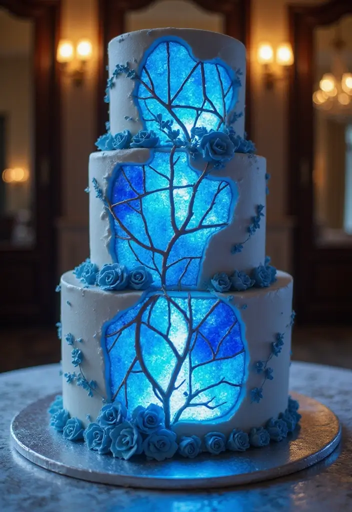 30 Blue Wedding Cake Ideas for a Cool Modern Touch - 16. Blue Stained Glass