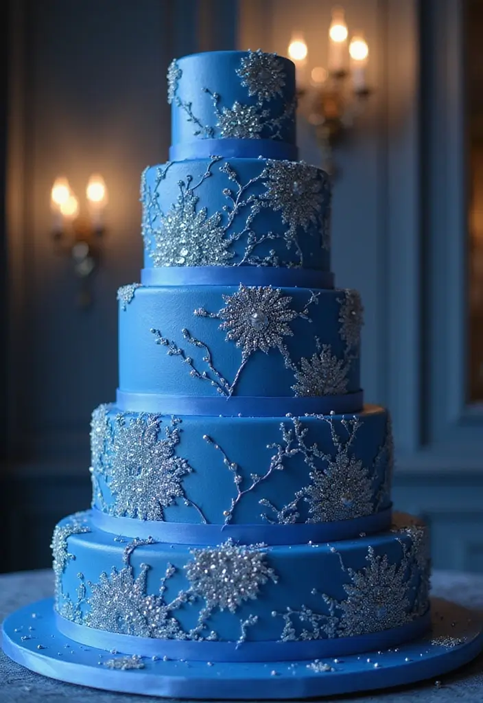 30 Blue Wedding Cake Ideas for a Cool Modern Touch - 20. Blue and Silver Splendor