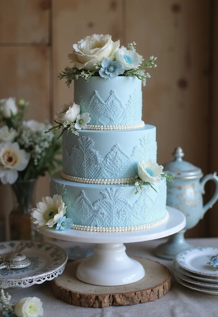 30 Blue Wedding Cake Ideas for a Cool Modern Touch - 23. Vintage Blue Lace