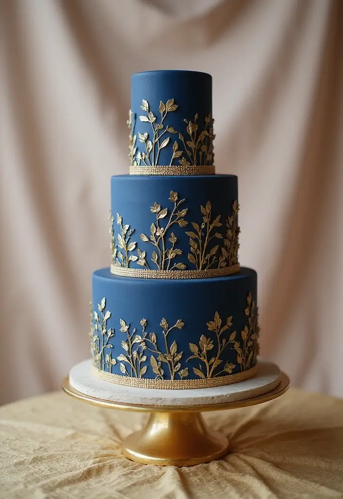 30 Blue Wedding Cake Ideas for a Cool Modern Touch - 9. Indigo and Gold Glam