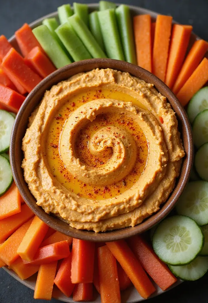 30+ Bridal Shower Food Ideas That’ll Wow Every Guest - 15. Spicy Hummus with Veggie Sticks