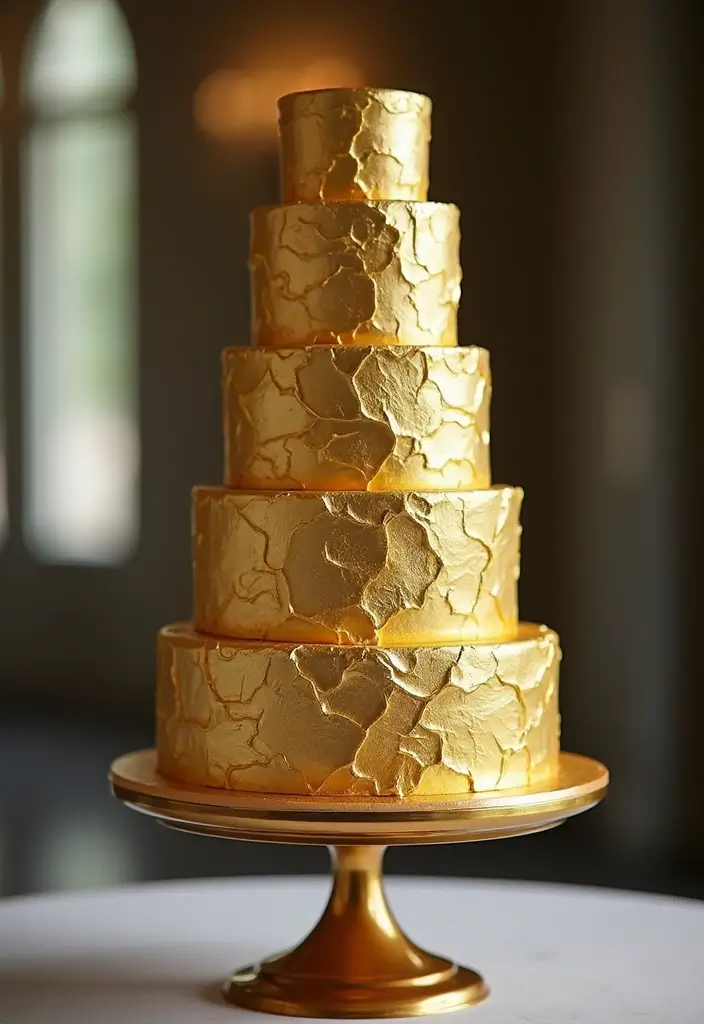 30 Elegant 50th Anniversary Cake Ideas for a Golden Celebration - 13. Gold Leaf Tower Cake