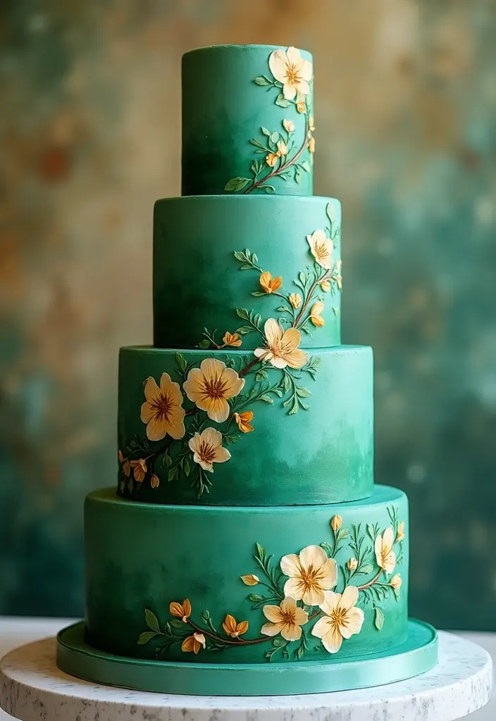 30 Emerald Green Cake Ideas for a Luxurious Wedding Celebration 72 30 Emerald Green Cake Ideas for a Luxurious Wedding Celebration - 12. Artistic Paint Designs