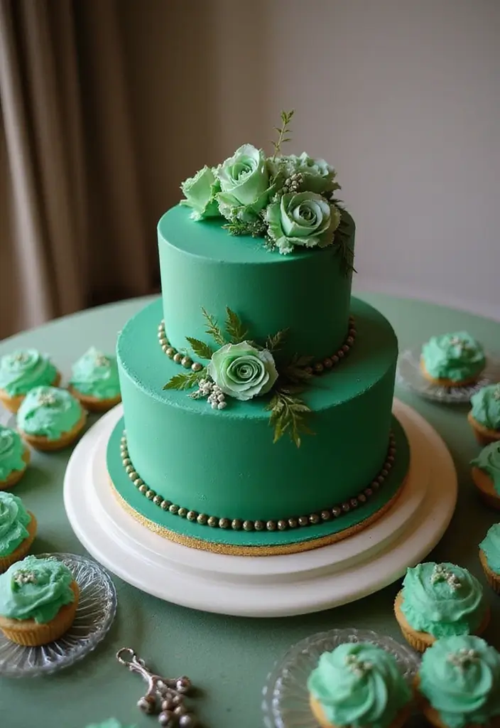 30 Emerald Green Cake Ideas for a Luxurious Wedding Celebration 152 30 Emerald Green Cake Ideas for a Luxurious Wedding Celebration - 26. Cake and Dessert Table Combo