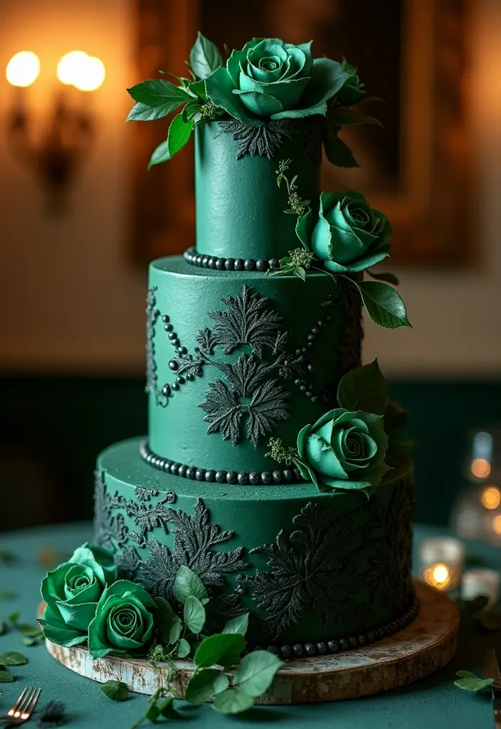 30 Emerald Green Cake Ideas for a Luxurious Wedding Celebration 53 30 Emerald Green Cake Ideas for a Luxurious Wedding Celebration - 9. Black and Green Contrast