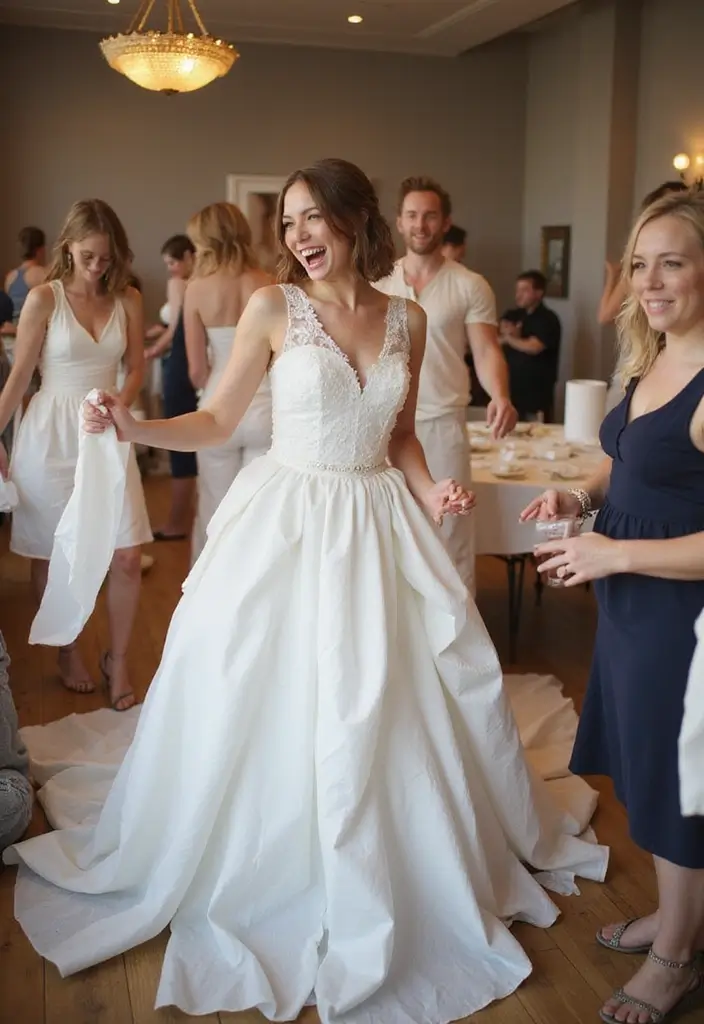 30 Funny Bridal Shower Ideas That’ll Keep Everyone Laughing - 10. DIY Wedding Dress Challenge