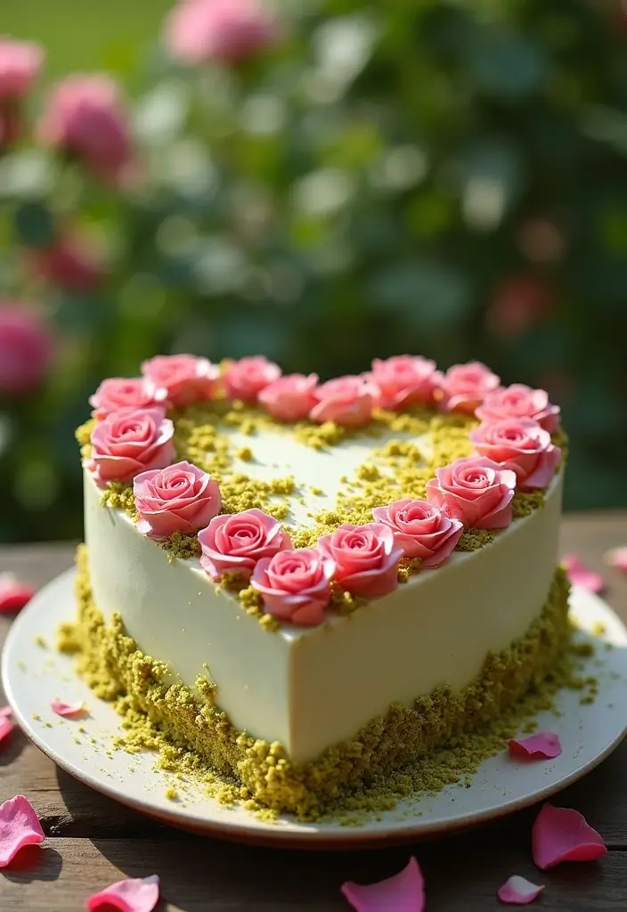 30 Heart-Shaped Cake Ideas for Love-Filled Occasions - 10. Pistachio Rose Heart Cake