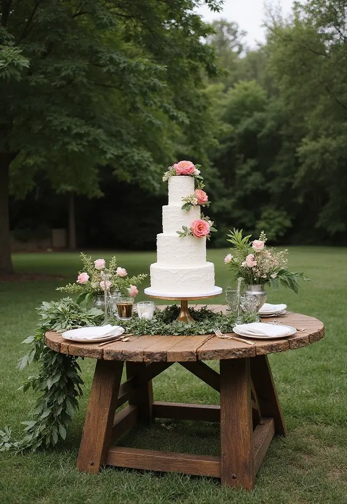 30 Outdoor Bridal Shower Ideas for a Beautiful Garden Gathering - 18. Rustic Cake Table