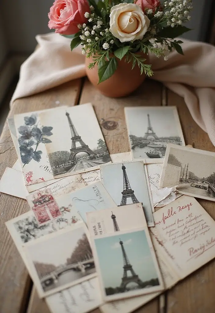 30 Parisian Bridal Shower Ideas for Chic French Elegance - 3. Vintage Parisian Postcards