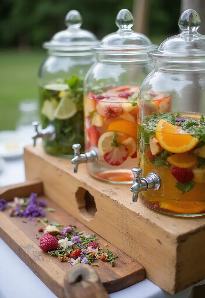 30 Picnic Bridal Shower Ideas for a Relaxed Outdoor Celebration - 25. Infused Water Station