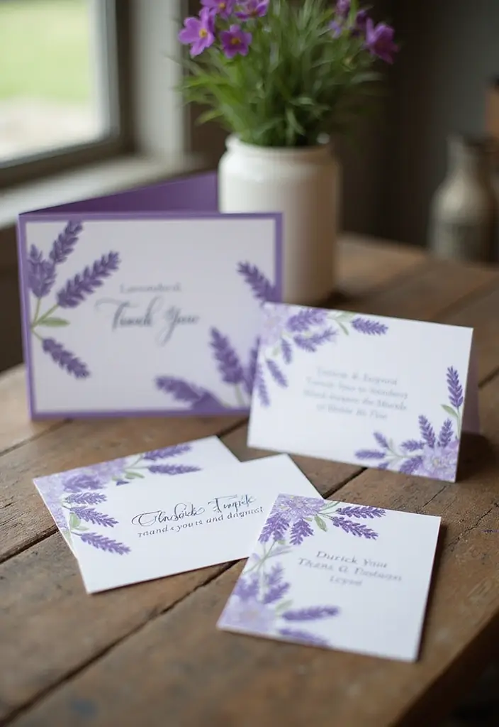 30 Purple Bridal Shower Ideas for a Lovely Lavender Look - 13. Lavender-Themed Thank You Cards
