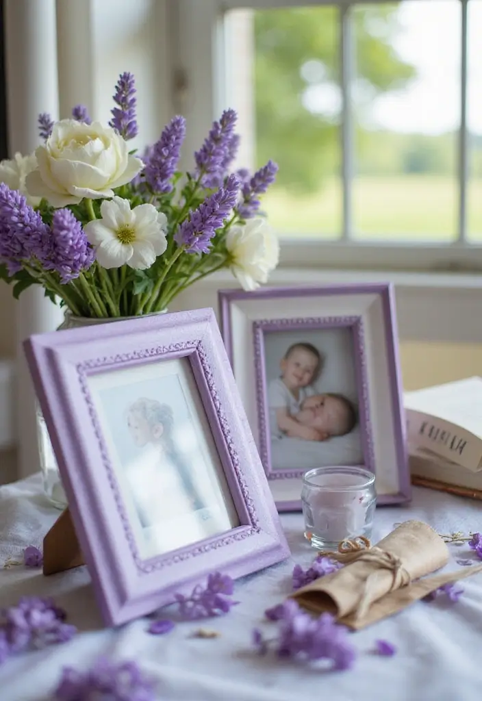 30 Purple Bridal Shower Ideas for a Lovely Lavender Look - 16. Lavender Themed Photo Frames