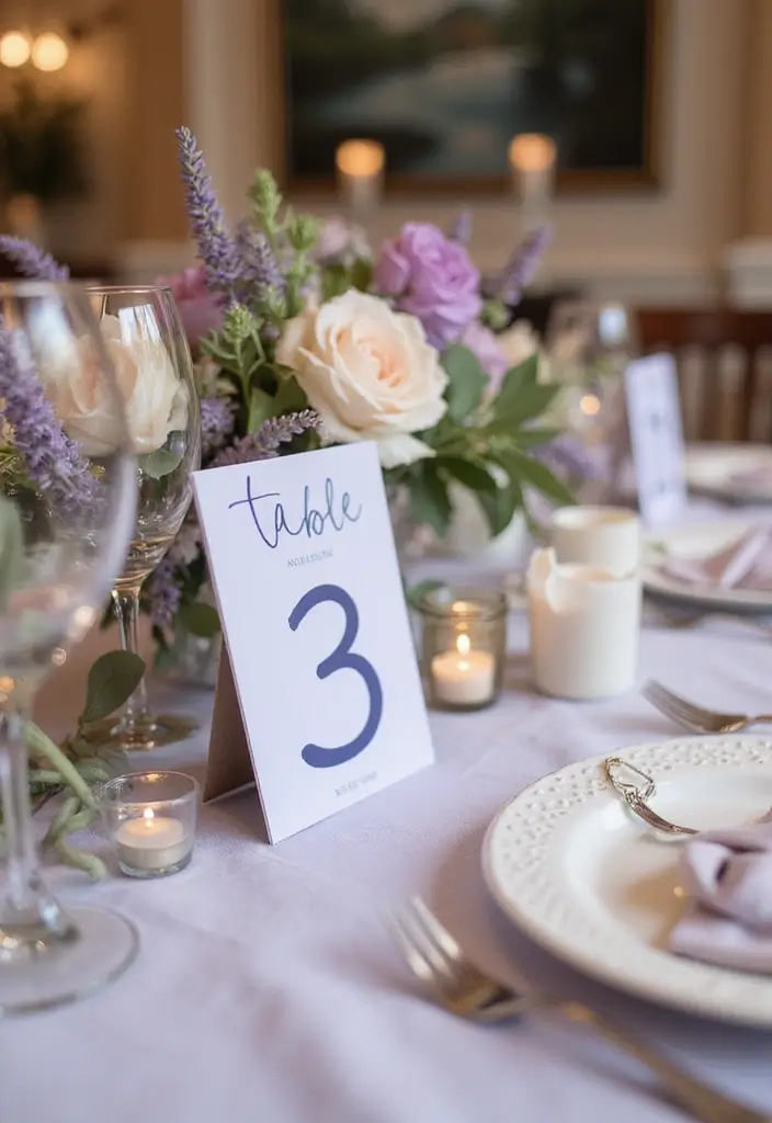 30 Purple Bridal Shower Ideas for a Lovely Lavender Look - 24. Lavender Table Numbers