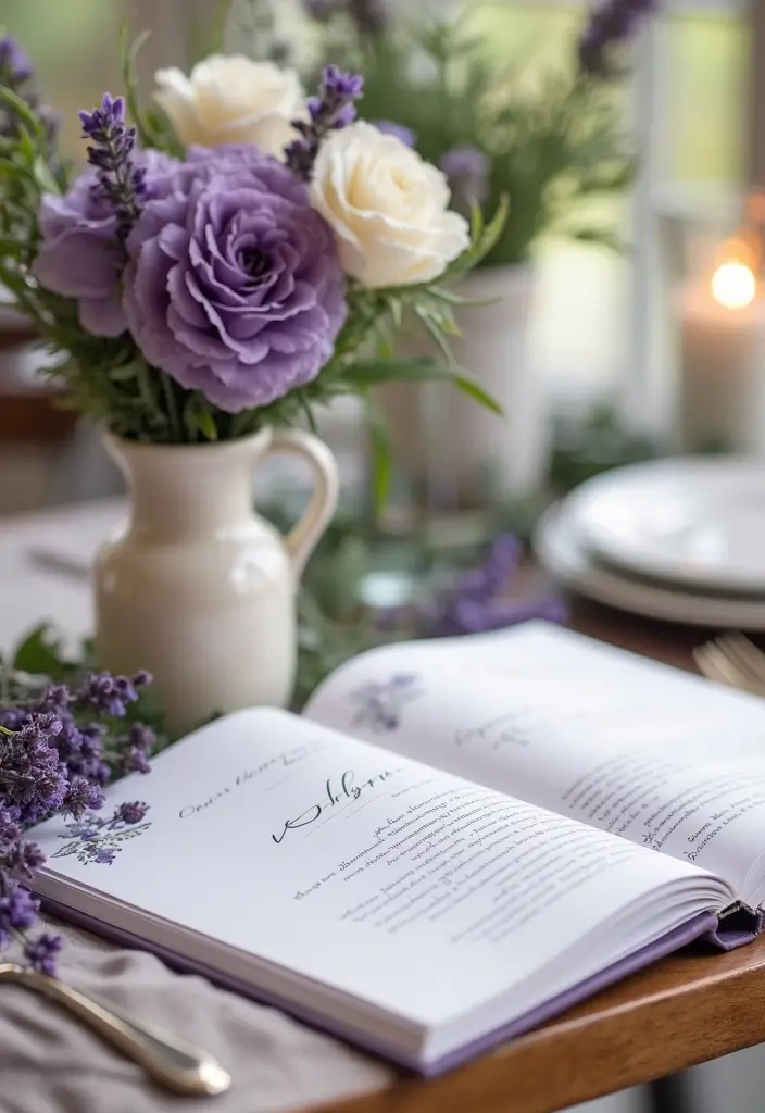30 Purple Bridal Shower Ideas for a Lovely Lavender Look - 29. Lavender-Themed Guestbook