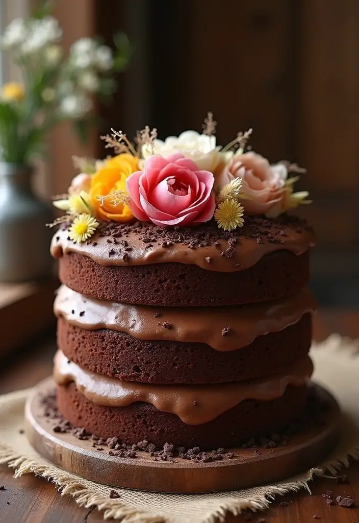 30 Rustic Wedding Cake Ideas with Country-Chic Charm - 2. Rustic Chocolate Layer Cake