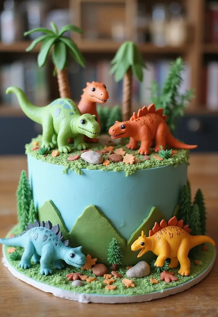 30 Twins Birthday Cake Ideas That Are Double the Fun - 23. Dinosaur Adventure Cake