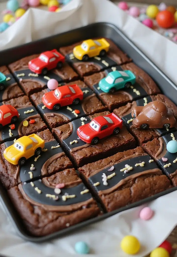 30 “Two Fast” Cake Ideas for the Cutest Car-Themed 2nd Birthday - 10. Race Track Brownies