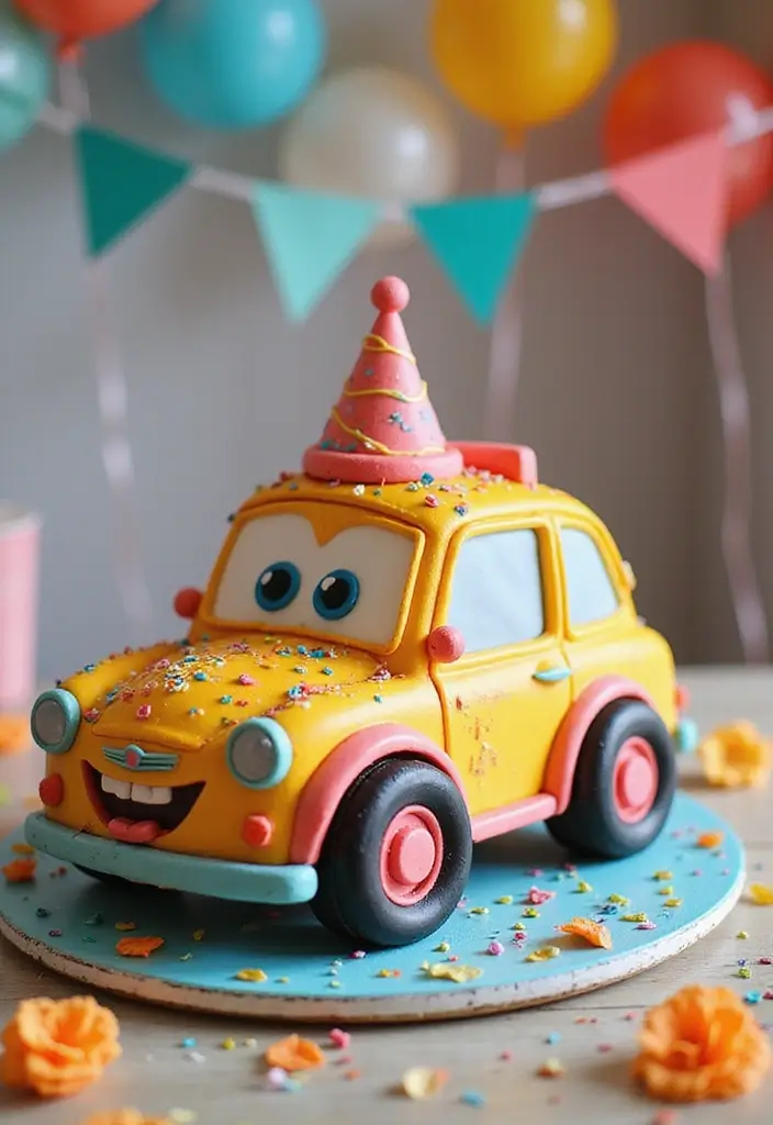 30 “Two Fast” Cake Ideas for the Cutest Car-Themed 2nd Birthday - 16. Cartoon Car Cake