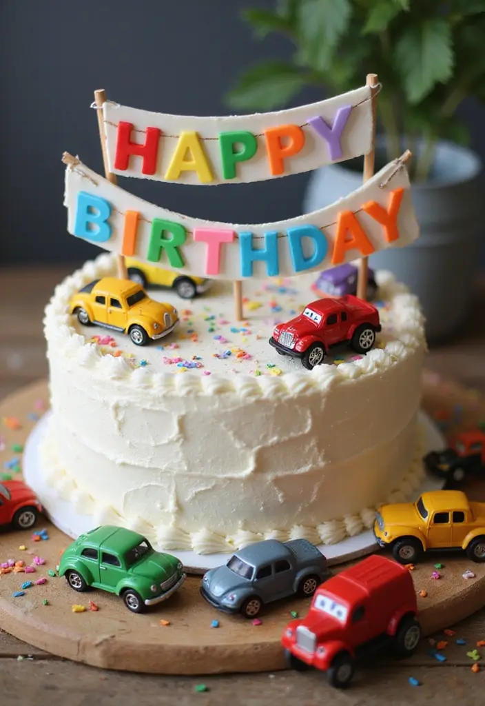 30 “Two Fast” Cake Ideas for the Cutest Car-Themed 2nd Birthday - 18. Race Car Birthday Banner Cake