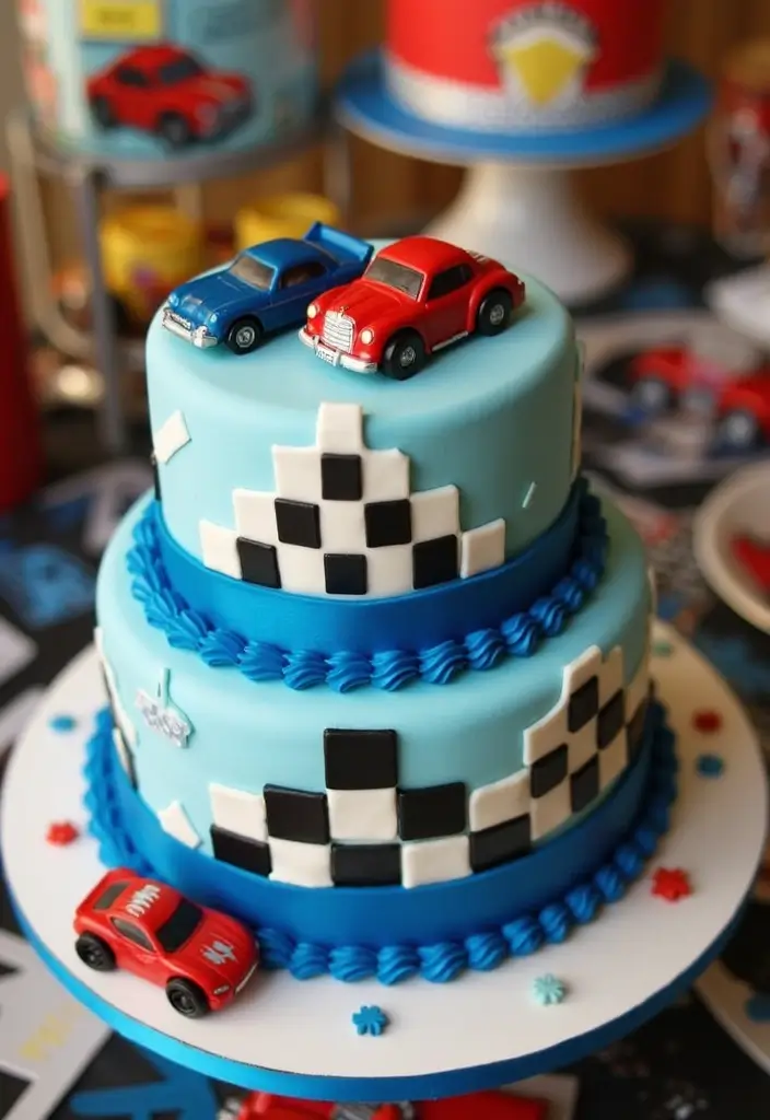 30 “Two Fast” Cake Ideas for the Cutest Car-Themed 2nd Birthday - 2. Speedy Stripes Cake