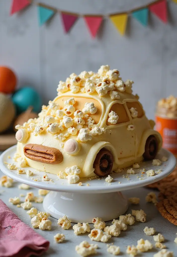 30 “Two Fast” Cake Ideas for the Cutest Car-Themed 2nd Birthday - 20. Popcorn Car Cake