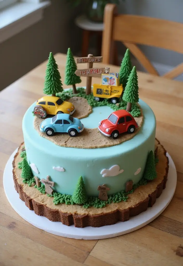 30 “Two Fast” Cake Ideas for the Cutest Car-Themed 2nd Birthday - 28. Family Road Trip Cake