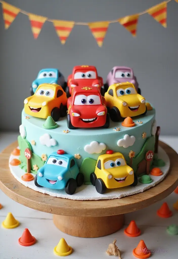30 “Two Fast” Cake Ideas for the Cutest Car-Themed 2nd Birthday - 3. Cute Car Faces Cake