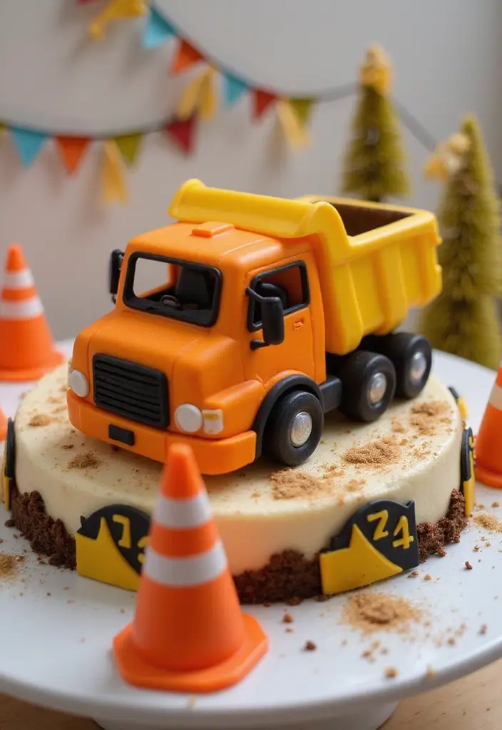 30 “Two Fast” Cake Ideas for the Cutest Car-Themed 2nd Birthday - 9. Orange Construction Truck Cake