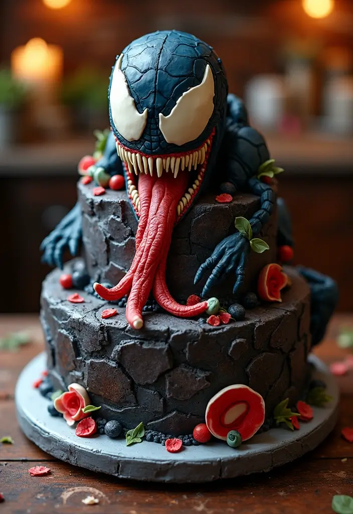 30 Venom Cake Ideas for Marvel Fans and Comic Lovers - 19. Venom Fondant Cake